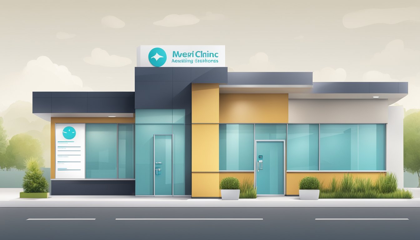 A modern clinic exterior with clear signage, operating hours displayed