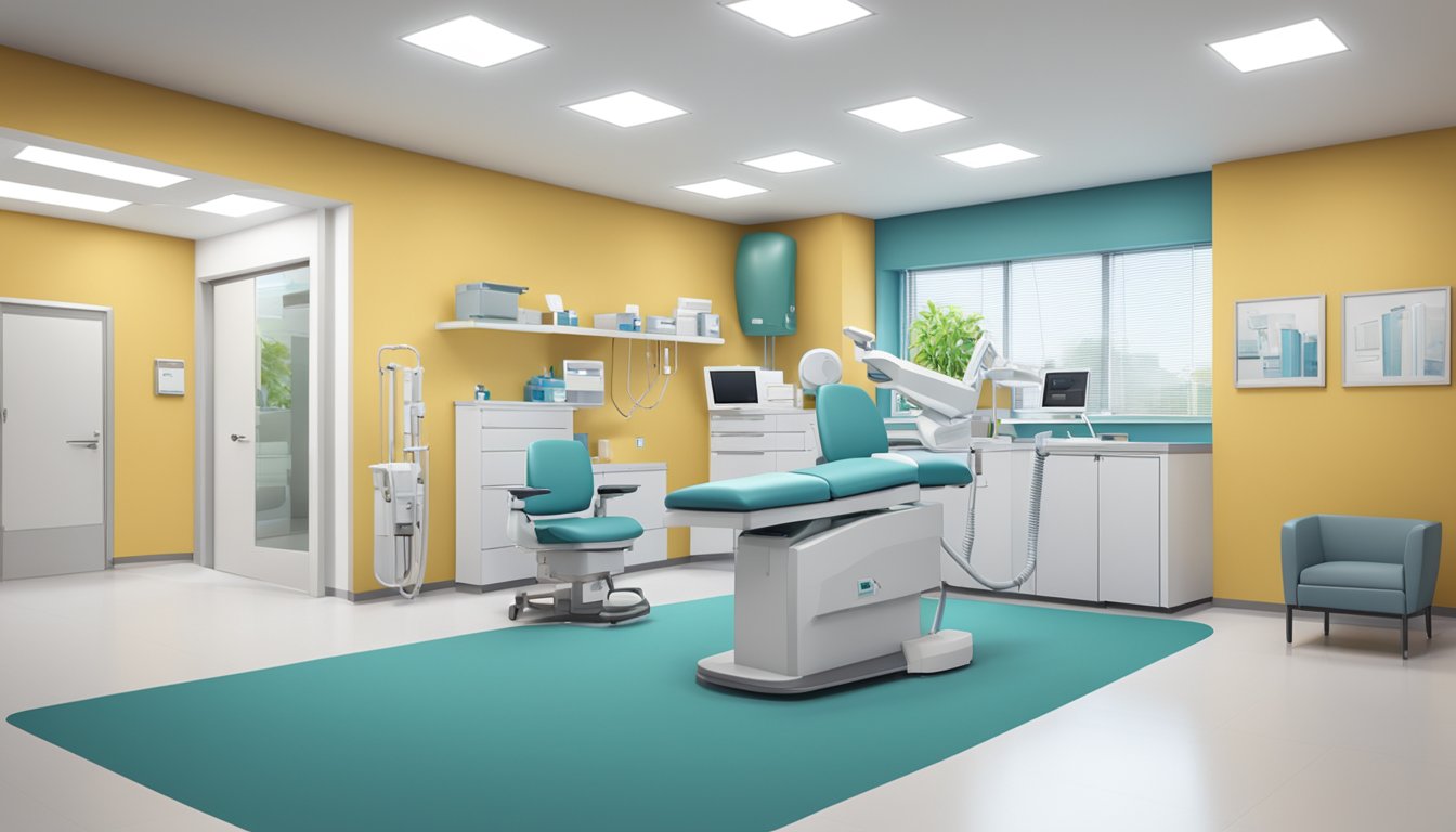A modern clinic with Dr. William Kristanto's name and the clinic's logo displayed prominently. Clean and professional environment with medical equipment and furniture