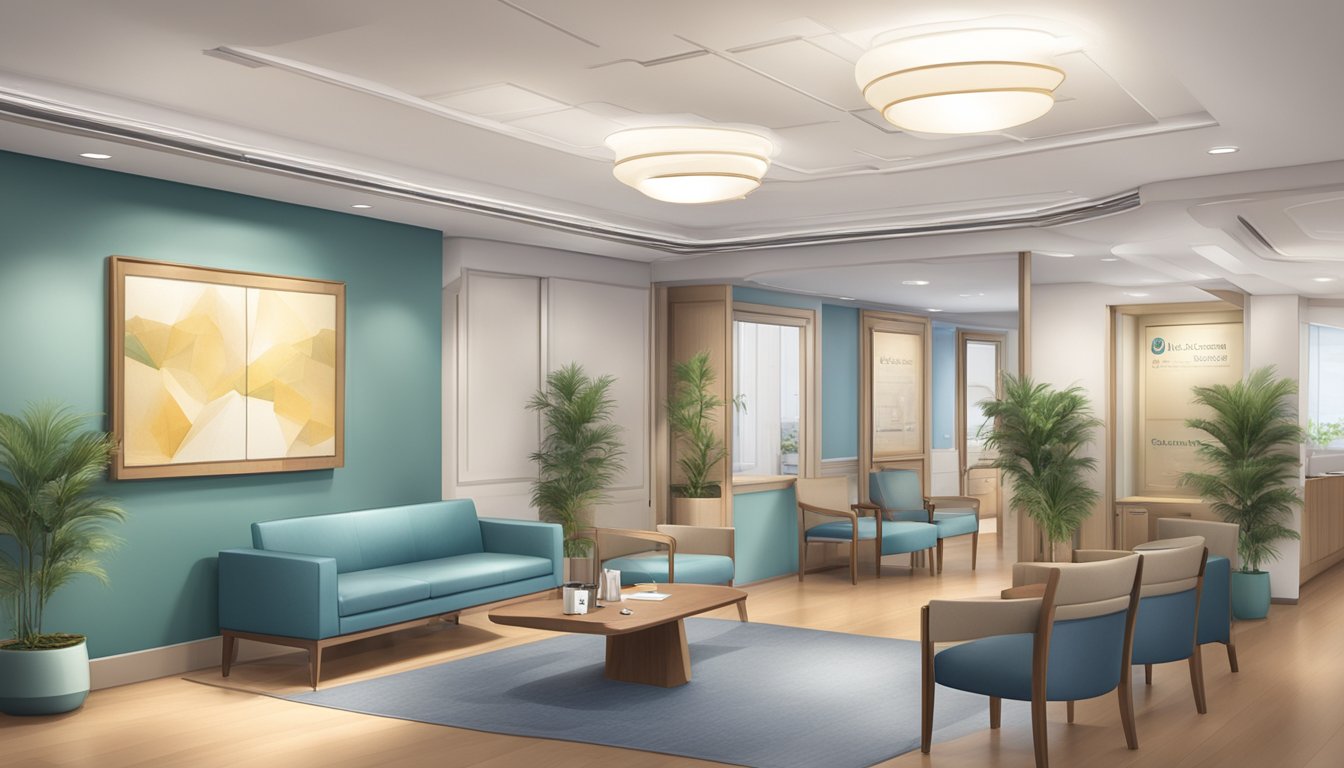A modern, spacious waiting room with comfortable seating and soothing decor. A reception desk with friendly staff. A sign displaying "Cardiac Centre" and "Dr. William Kristanto - Maurice Choo Clinic | SG Cardiologist" prominently