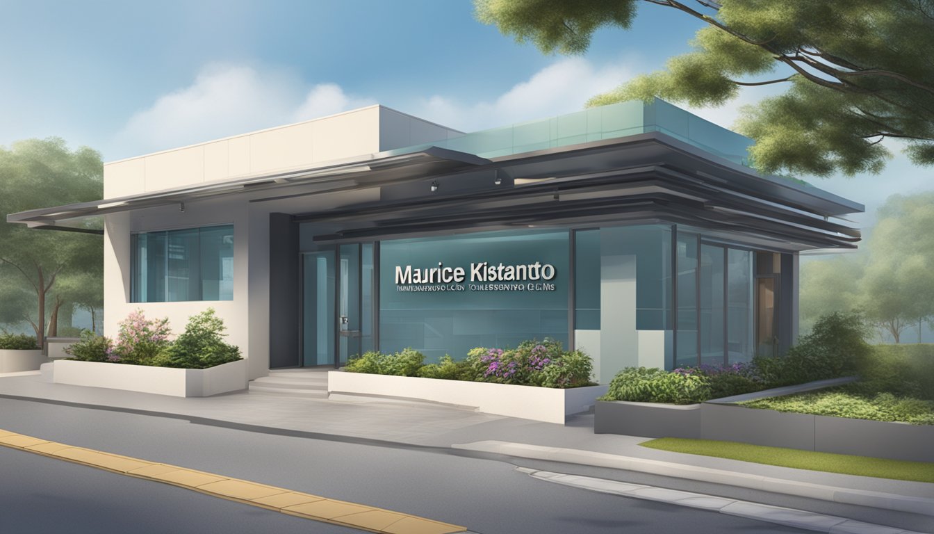 A modern clinic exterior with a sign reading "Maurice Choo Clinic" and "Dr William Kristanto - SG Cardiologist." The clinic is open with a visible operating hours sign