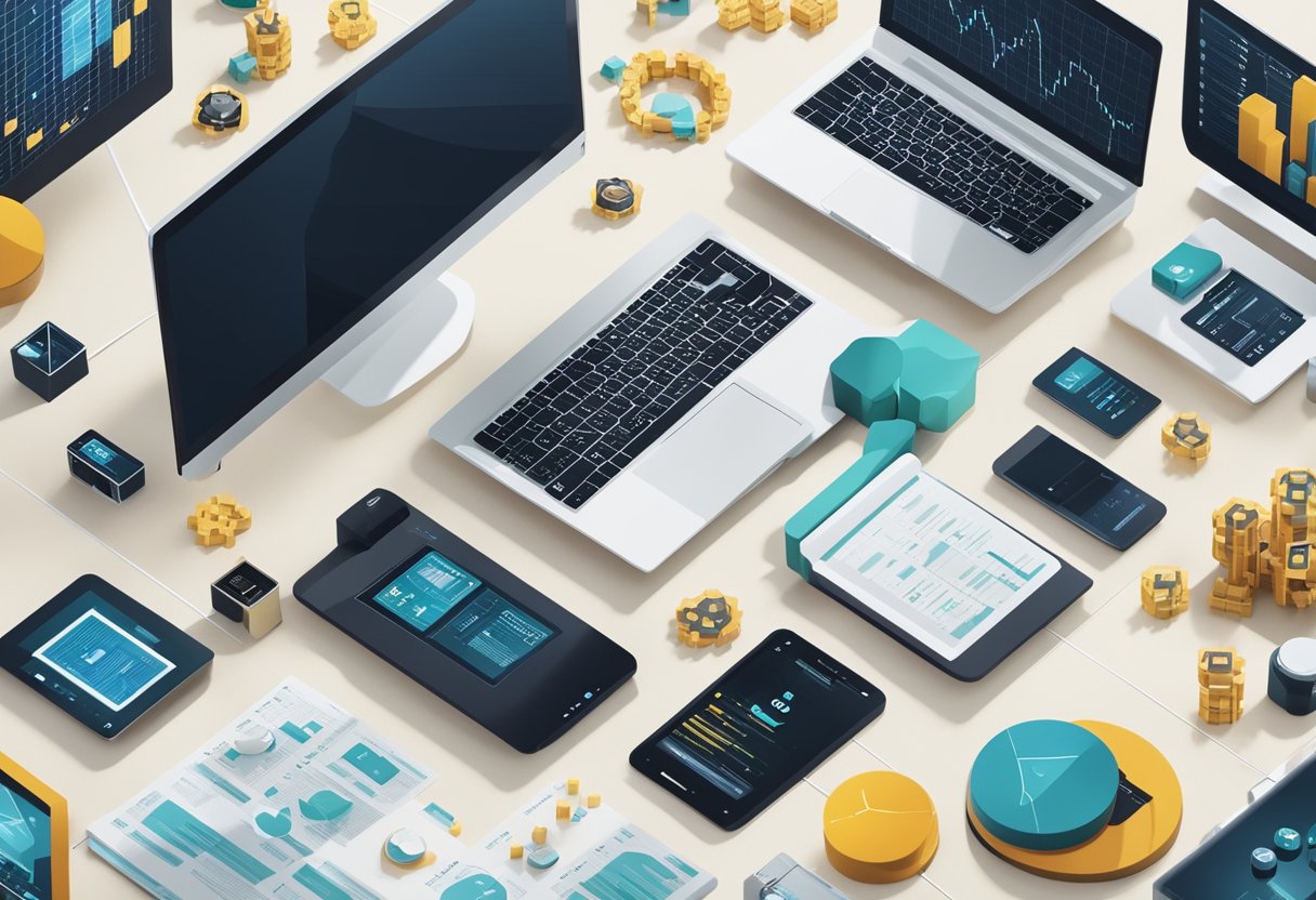 A person researching blockchain options, surrounded by various technology devices and charts, pondering over different blockchain provider services