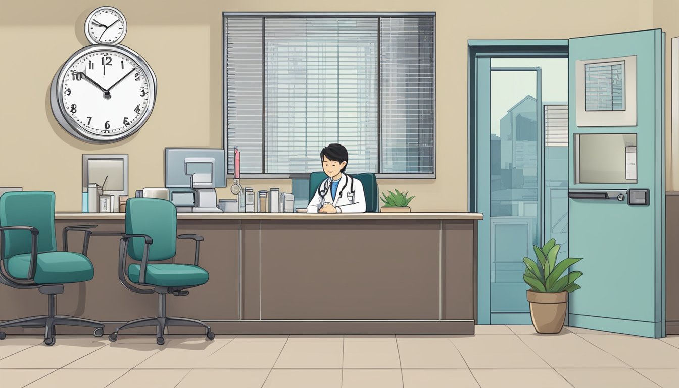 A doctor's office with a sign reading "Dr Melvin Tan - Maurice Choo Clinic | SG Cardiologist" and a clock showing the operating hours