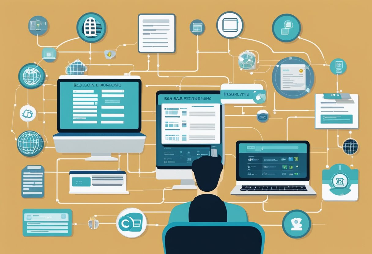 A person researching different BaaS providers, comparing features and benefits, with a checklist of criteria and a computer screen displaying various blockchain service options