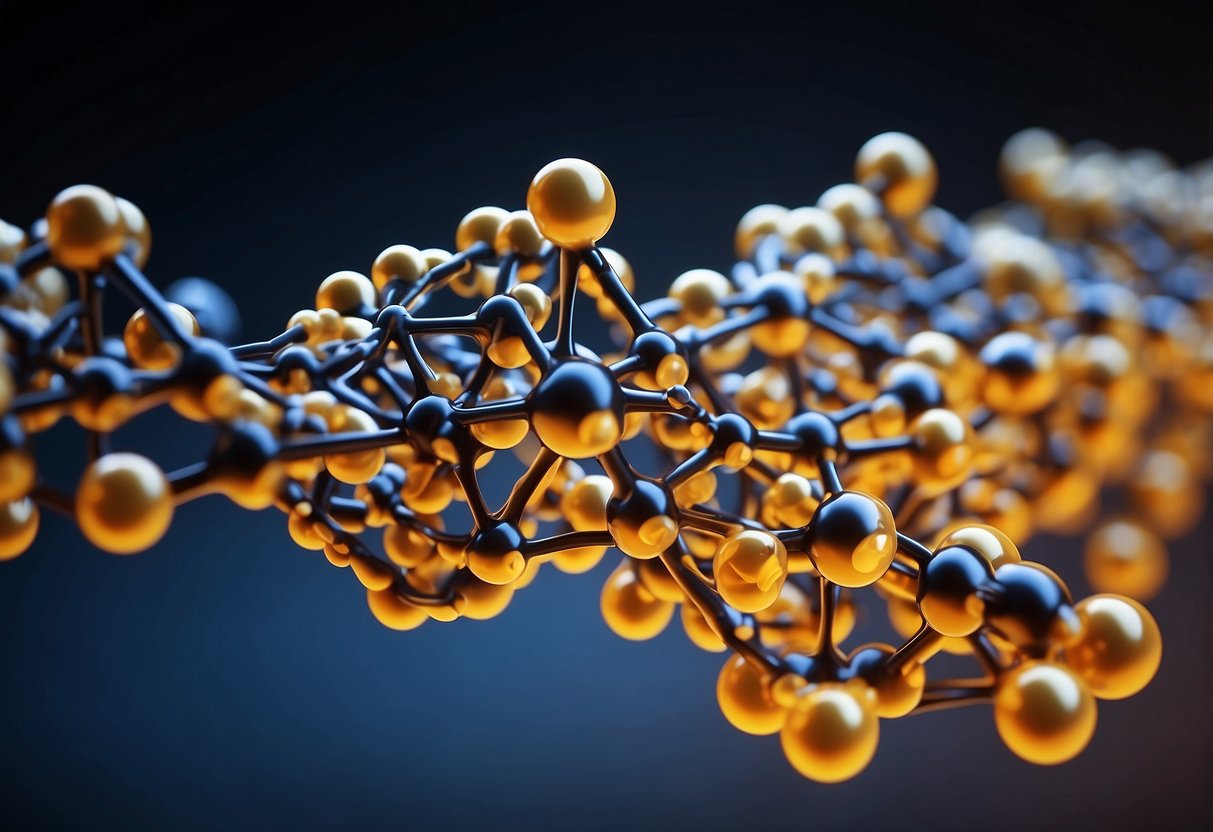 A peptide molecule stands tall, with a chain of amino acids linked together. Nearby, a steroid molecule looms larger, with a characteristic four-ring structure