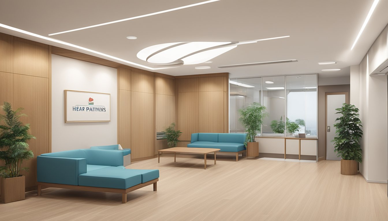 The Heart Partners Clinic is a modern, well-lit space with clean lines and a calming atmosphere. The logo prominently features the name "Dr Lim Yen Teak Victor - SG Cardiologist."