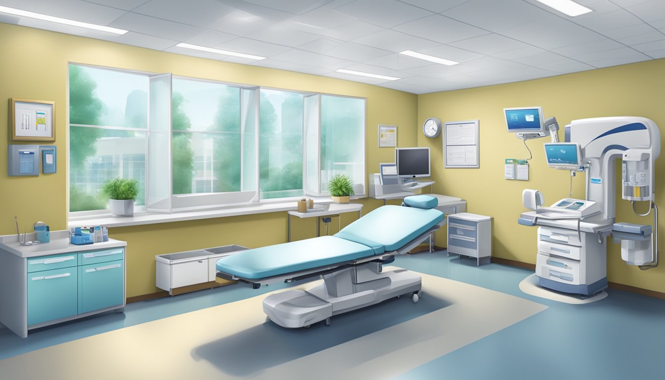 A modern clinic room with medical equipment and a desk, showcasing the logo "Heart Partners Clinic" prominently displayed