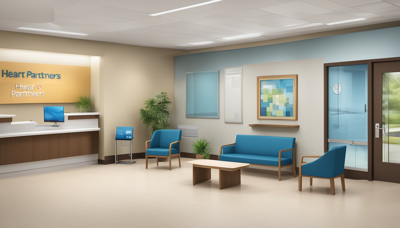 A modern, welcoming clinic with state-of-the-art equipment and a professional atmosphere. A logo and sign reading "Heart Partners Clinic" is prominently displayed