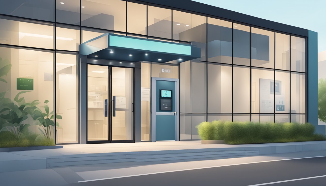 A modern clinic exterior with clear signage, open doors, and a visible clock displaying operating hours