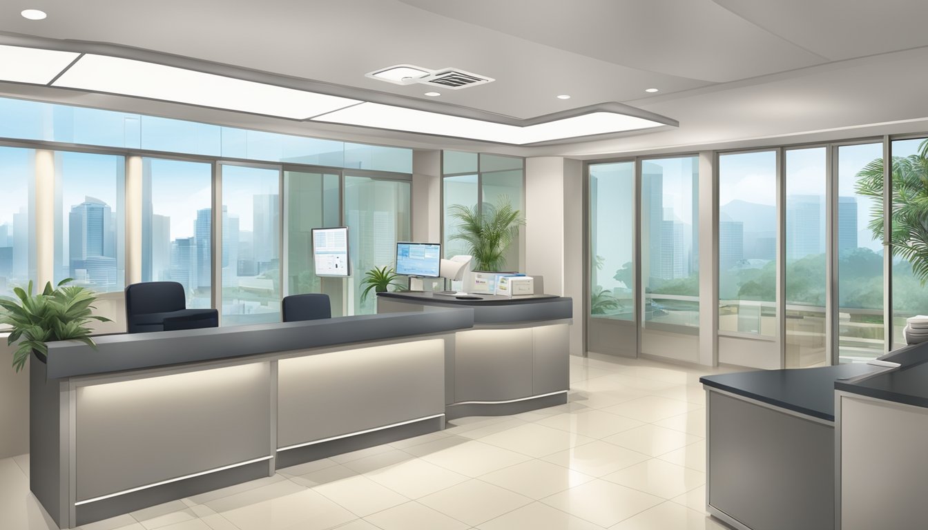 A modern, sleek medical office with the sign "Dr Hia Ping Ping Cindy - Mount Elizabeth Novena Specialist Centre | SG Cardiologist" prominently displayed