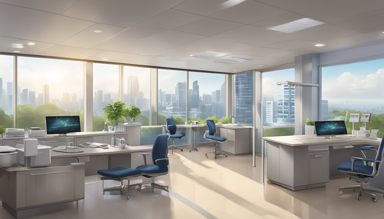 A modern, sleek medical office with a view of the city skyline. A sign reads "Dr. Hia Ping Ping Cindy - Mount Elizabeth Novena Specialist Centre | SG Cardiologist."