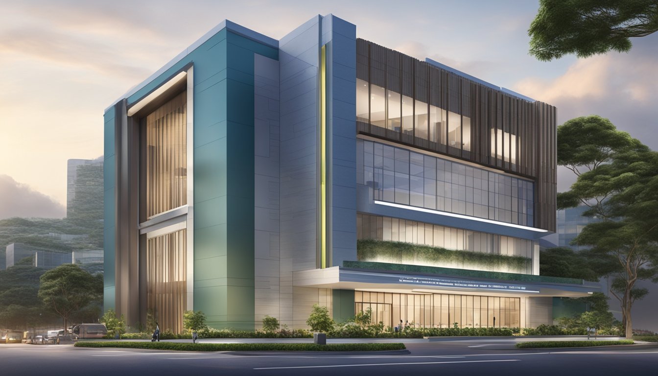 A modern and sleek specialist center with the name "Mount Elizabeth Novena Specialist Centre" prominently displayed. The sign for "Dr Hia Ping Ping Cindy - SG Cardiologist" is also visible