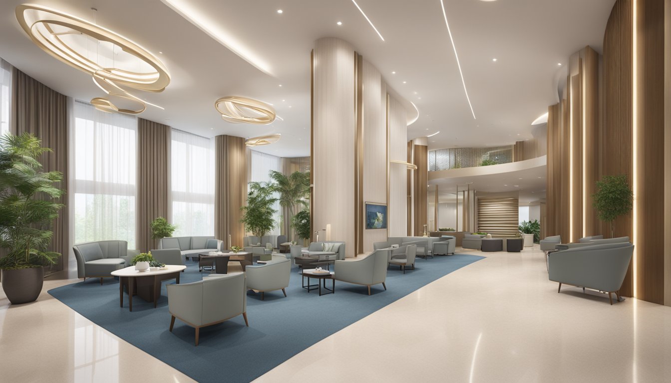 A modern and welcoming lobby with a prominent sign for Mount Elizabeth Novena Specialist Centre. A serene and professional atmosphere with state-of-the-art equipment and comfortable seating areas