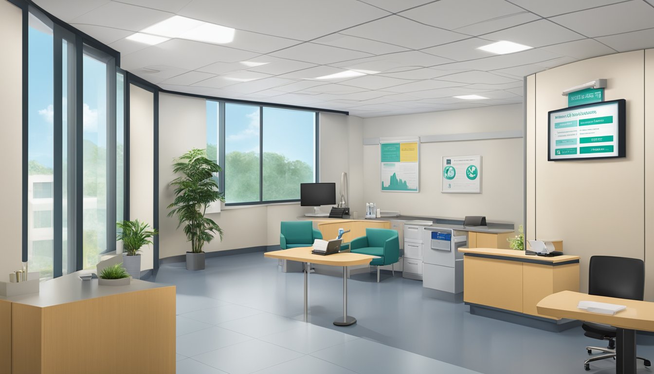A modern medical office with a sign reading "Dr Hia Ping Ping Cindy - Mount Elizabeth Novena Specialist Centre | SG Cardiologist" and operating hours displayed