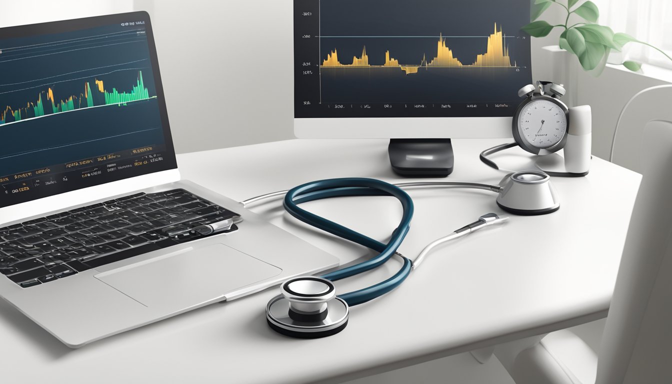 A stethoscope and a heart rate monitor sit on a clean, white desk in a well-lit cardiology office