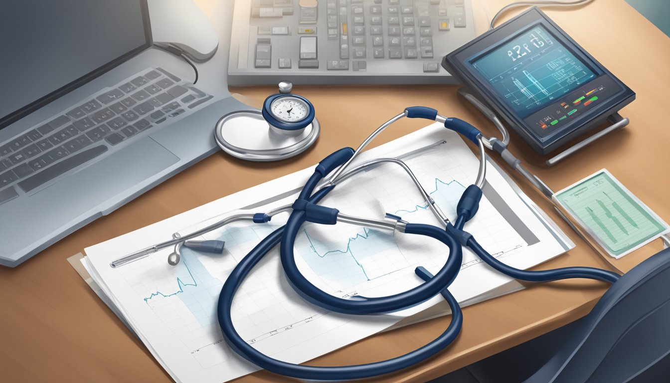 A stethoscope and a heart rate monitor on a desk, with a framed medical degree and a cardiologist's nameplate