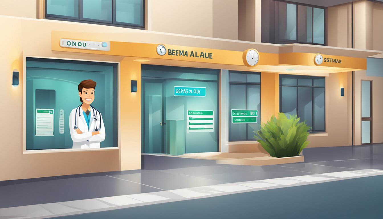 A doctor's name and specialty with contact details and operating hours displayed on a signboard