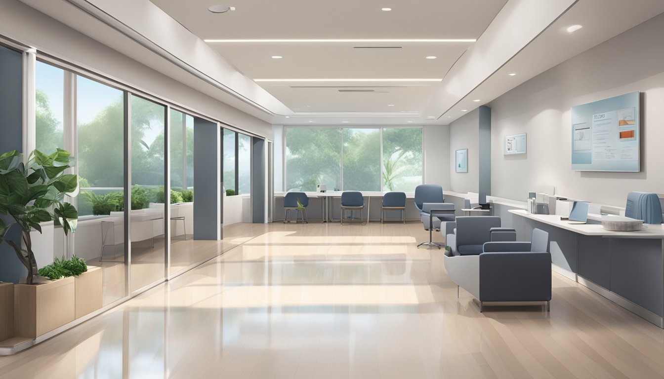 A modern, sleek cardiology clinic with Dr. Gerard Leong's name prominently displayed. Clean lines and professional atmosphere