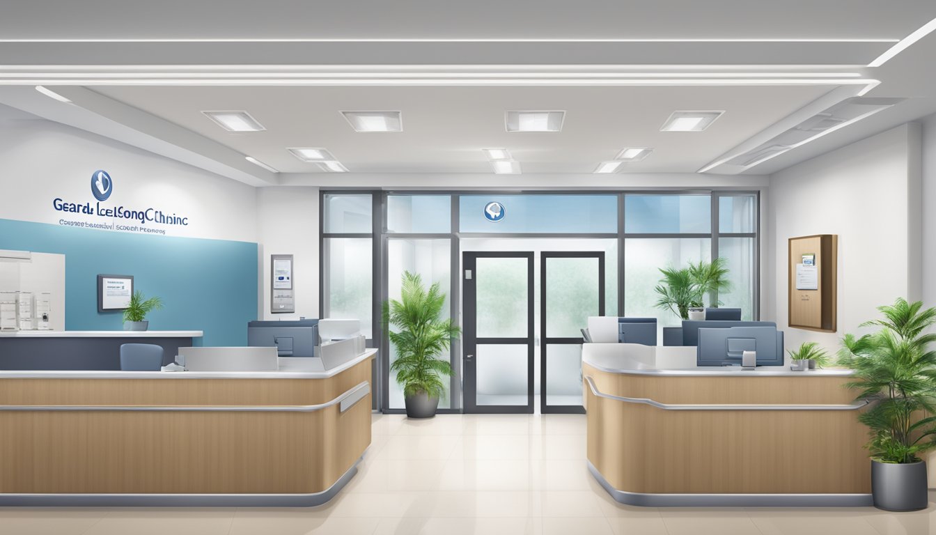 A modern, clean cardiology clinic with the name "Gerard Leong Cardiology Clinic" displayed prominently. The contact information and operating hours are clearly listed