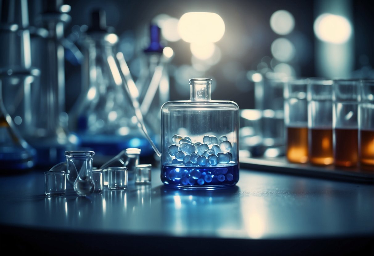 A laboratory setting with vials, test tubes, and scientific equipment. Peptides molecules are shown interacting with cells in the body