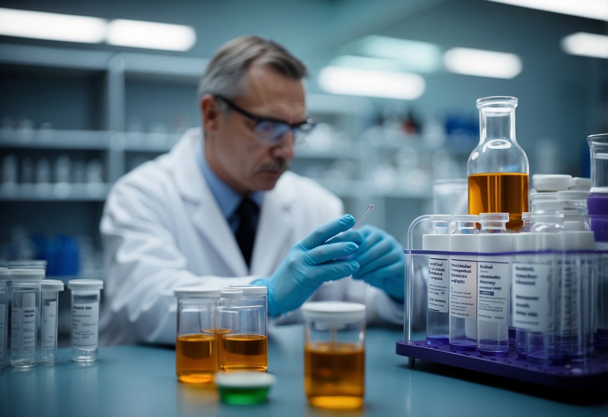 A laboratory setting with vials, test tubes, and safety equipment. A researcher carefully handling peptides with caution signs posted