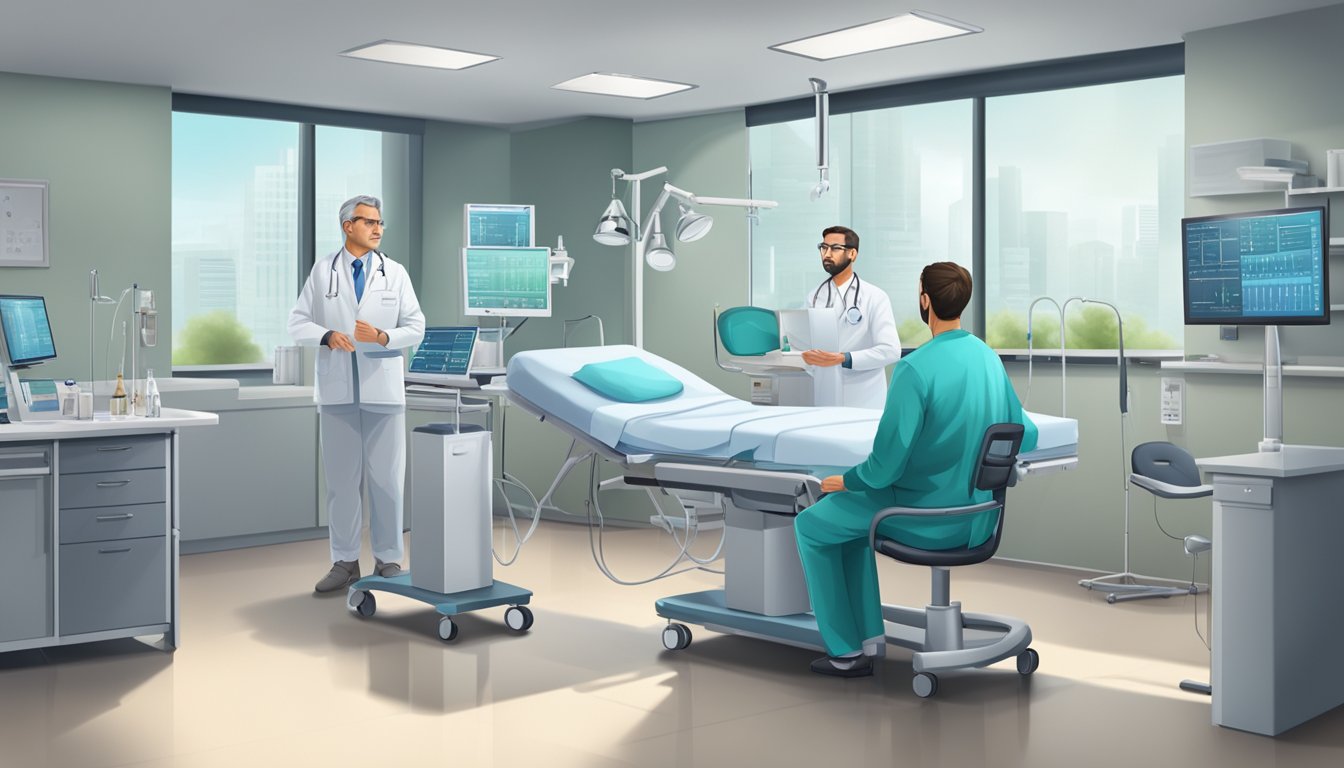 A cardiologist in a hospital setting, with medical equipment and a professional environment