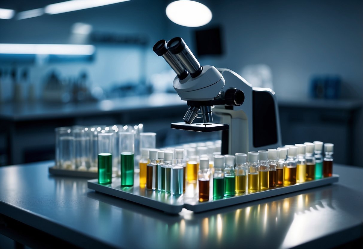 A lab bench with vials, syringes, and a microscope. Peptide structures and scientific journals scattered around. Bright lighting and a clean, organized workspace