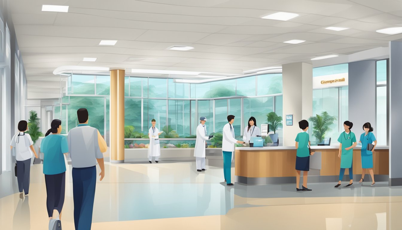 A bustling hospital lobby with a prominent sign for Changi General Hospital. A cardiologist's office with a professional and welcoming atmosphere