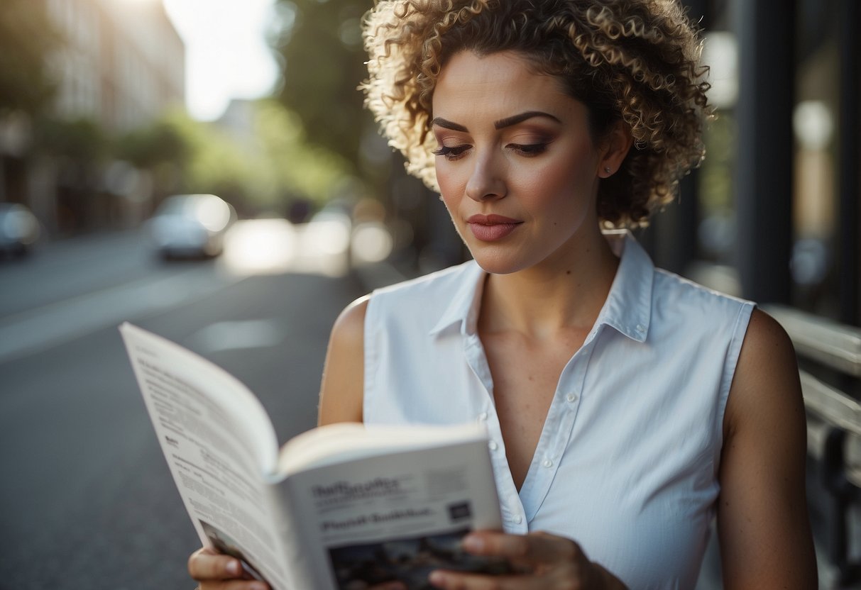 A person reading a pamphlet titled "Frequently Asked Questions Navigating the Side Effects of Peptides" with a concerned expression on their face