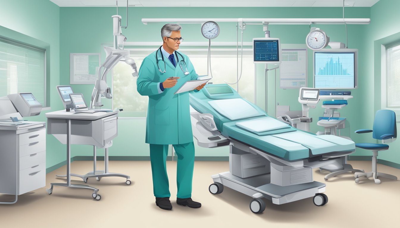 A cardiologist in a hospital setting, with medical equipment and charts