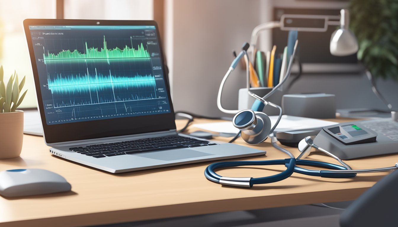 A stethoscope and a heart rate monitor sit on a desk next to a computer displaying a cardiologist's profile
