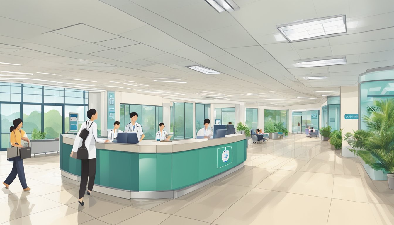 A bustling hospital lobby with a prominent sign for Changi General Hospital. A cardiologist's office is shown with a welcoming and professional atmosphere