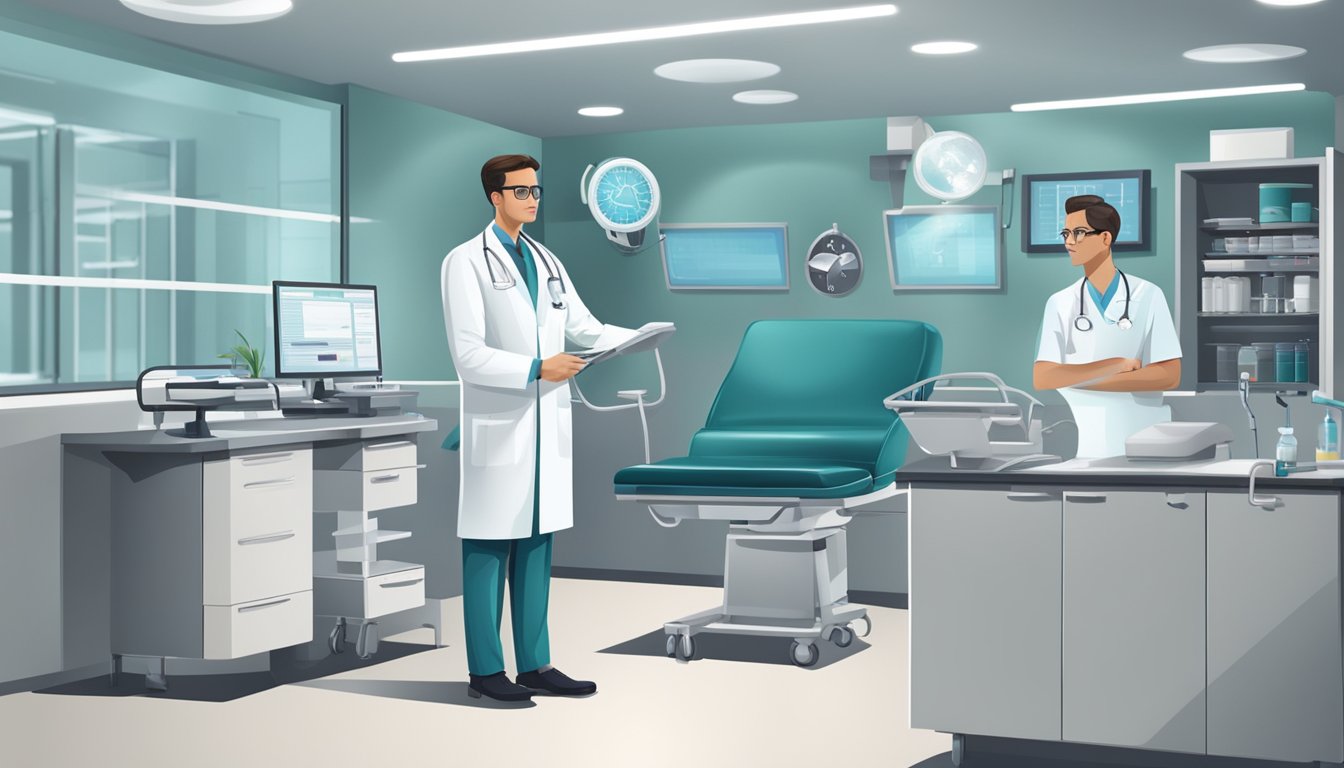 A cardiologist in a hospital setting, with medical equipment and a professional environment