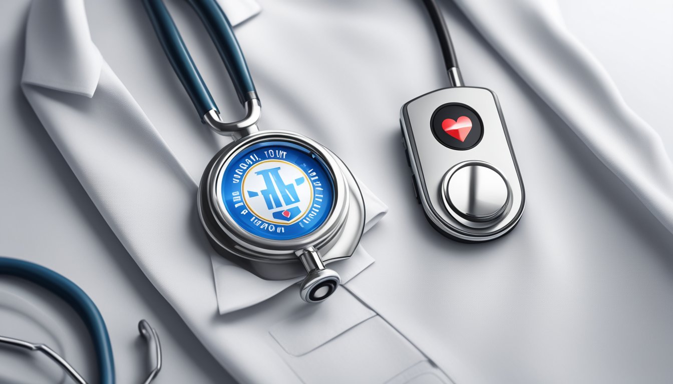 A stethoscope hanging on a white coat pocket, with a hospital badge and a heart rate monitor in the background