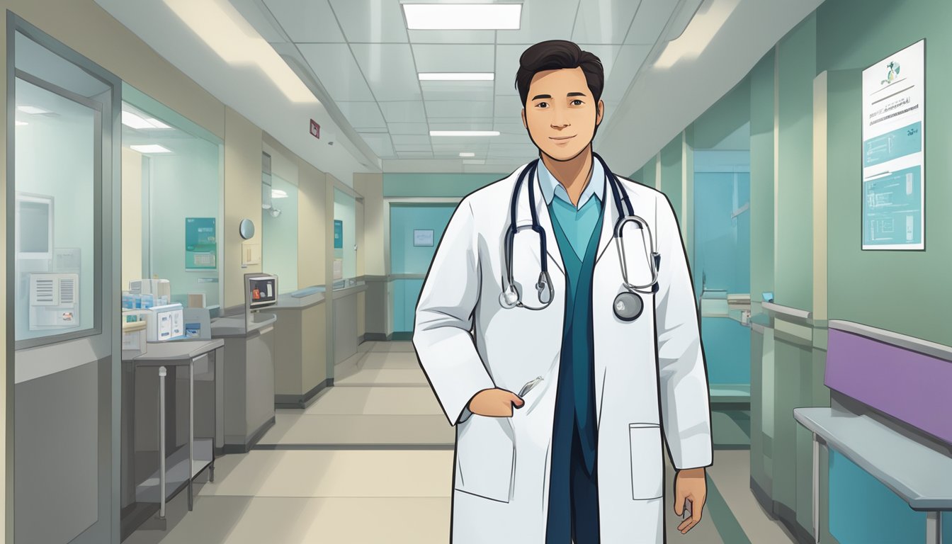 A doctor in a white coat stands in a hospital hallway, with a stethoscope around their neck and a clipboard in hand, surrounded by medical equipment and signage for "Changi General Hospital."