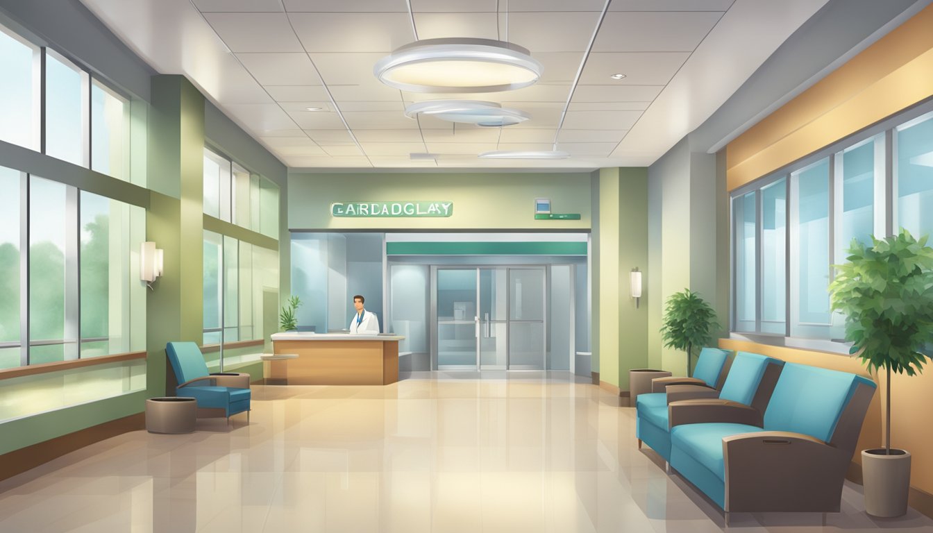 A modern hospital lobby with a prominent sign for "Cardiology Department" and a soothing, welcoming atmosphere