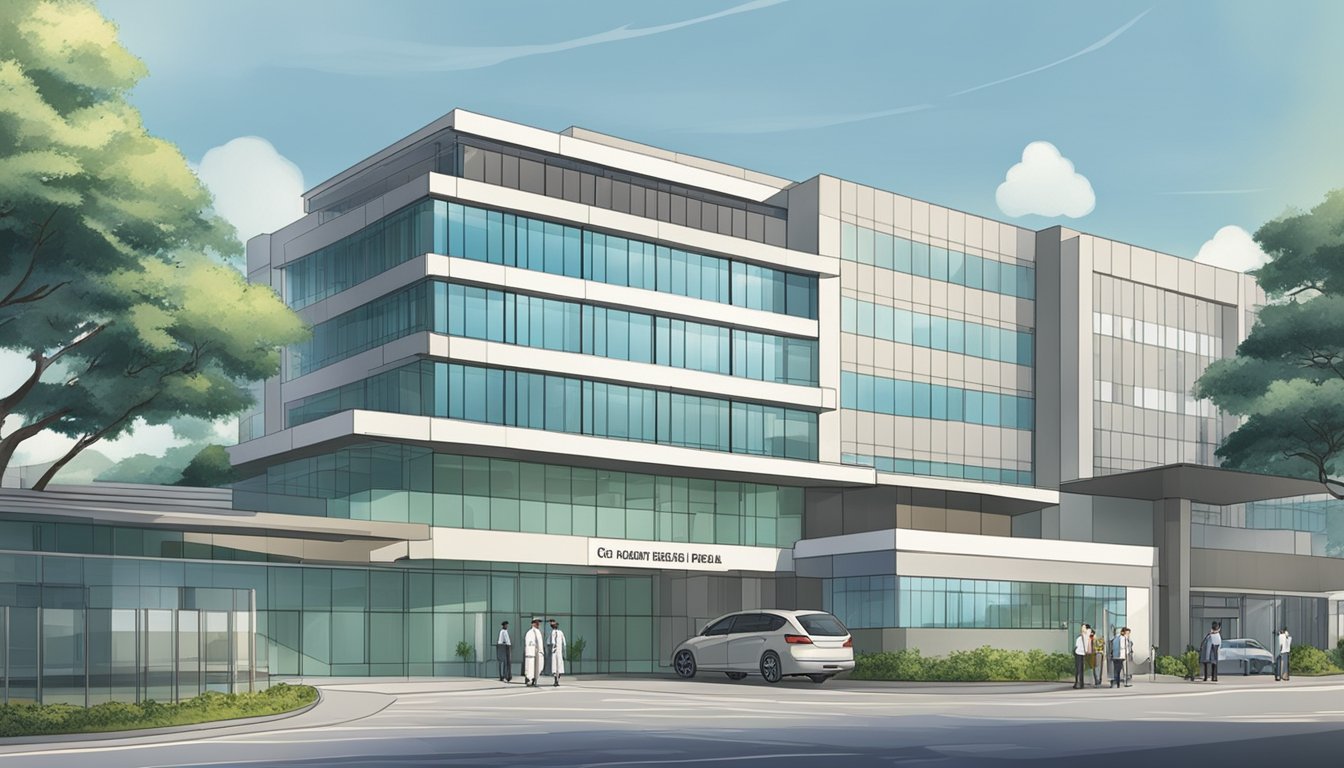A hospital exterior with a sign reading "Changi General Hospital." The building is modern with glass windows and a clear entrance. The sign includes the name "Dr. Chow Weien - Cardiologist" and lists operating hours