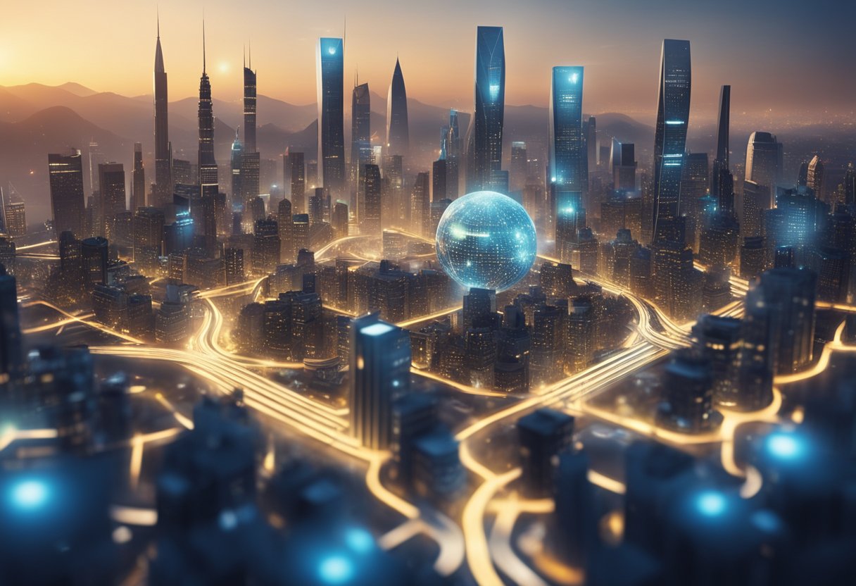 A futuristic cityscape with interconnected nodes and data streams, showcasing the integration of Web3 technology and Rollups as a service