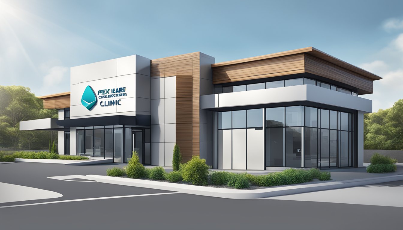 A modern clinic with the name "Apex Heart Clinic" displayed prominently. The exterior features a sleek and professional design, with the logo and signage clearly visible