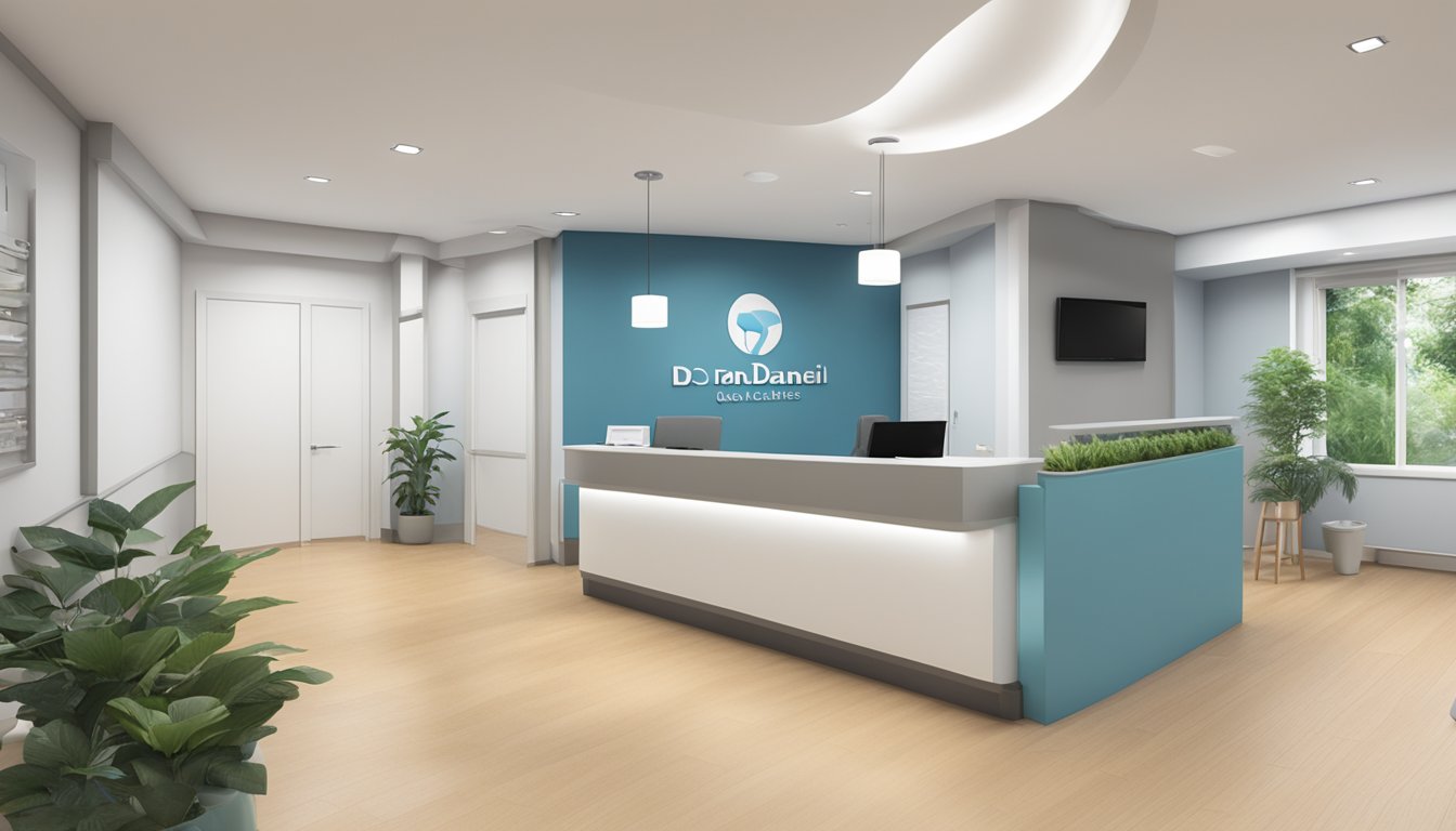 A modern clinic with Dr. Daniel Yeo's name and logo prominently displayed. Clean and professional with a welcoming atmosphere