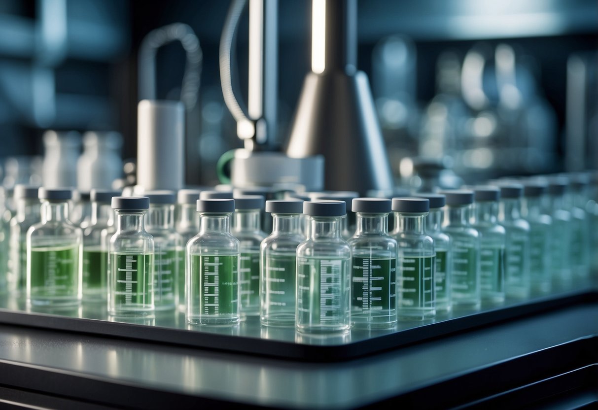 A laboratory setting with vials of peptides and scientific equipment, showcasing the process of peptide research for fat loss