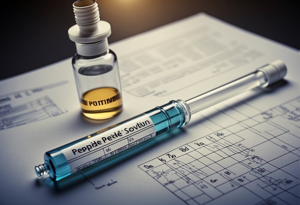 A vial of peptide solution being drawn into a syringe, with a labeled chart of the best peptides for fat loss in the background