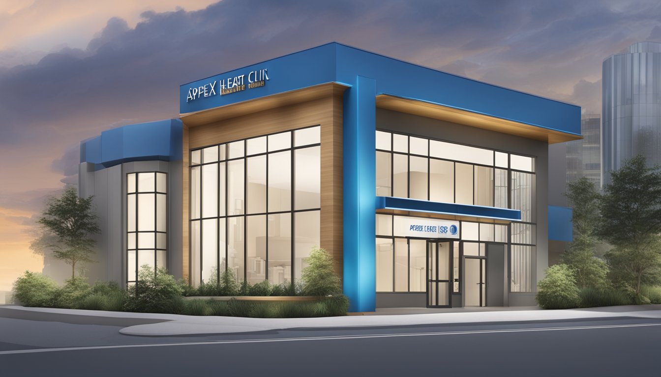 A modern clinic exterior with clear signage "Apex Heart Clinic" and "Operating Hours" displayed. Contact information for Dr. Daniel Yeo prominently featured