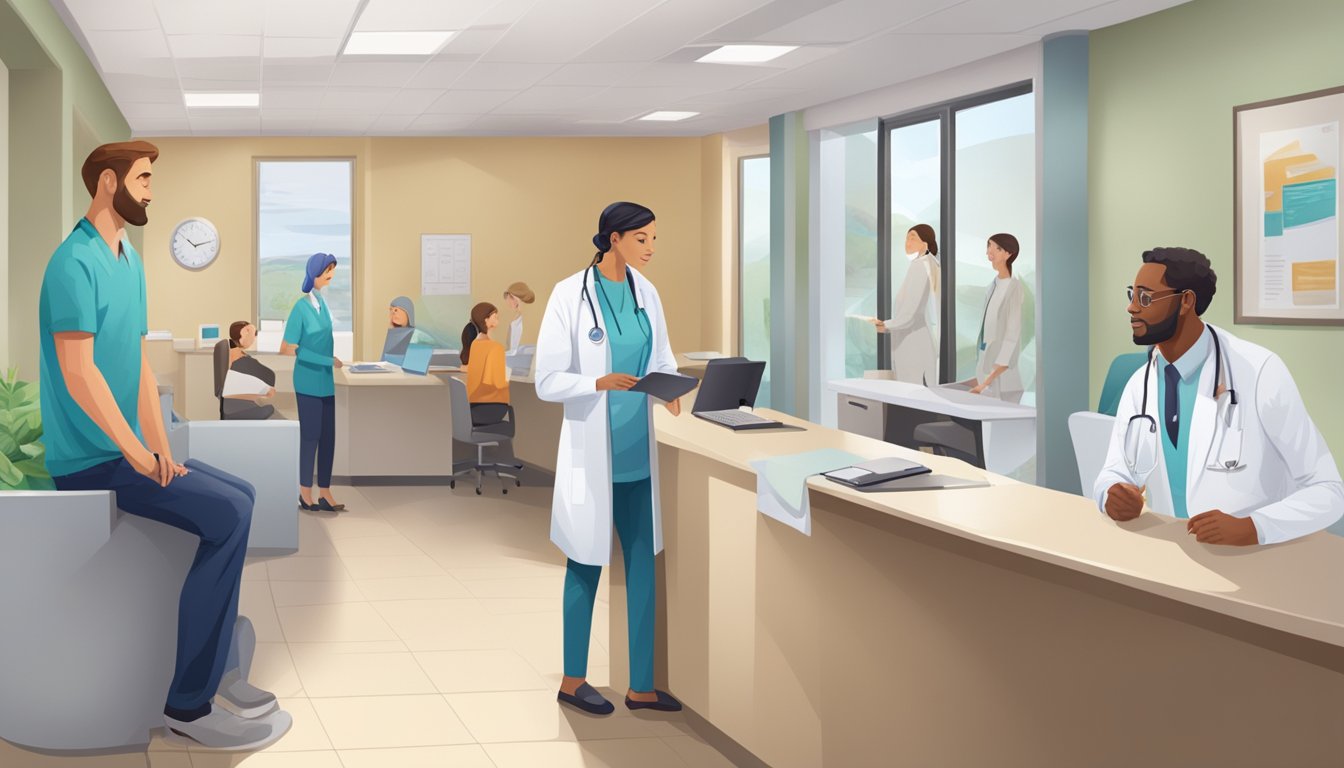 A busy clinic with patients in the waiting area, a receptionist at the front desk, and a doctor in a white coat talking to a patient