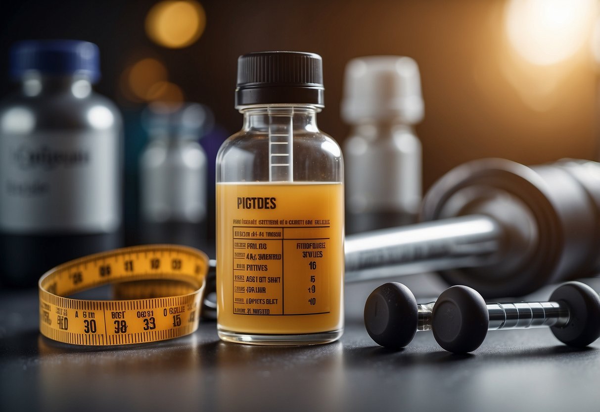 A bottle of fat loss peptides next to a workout plan, with a measuring syringe and vial, surrounded by fitness equipment