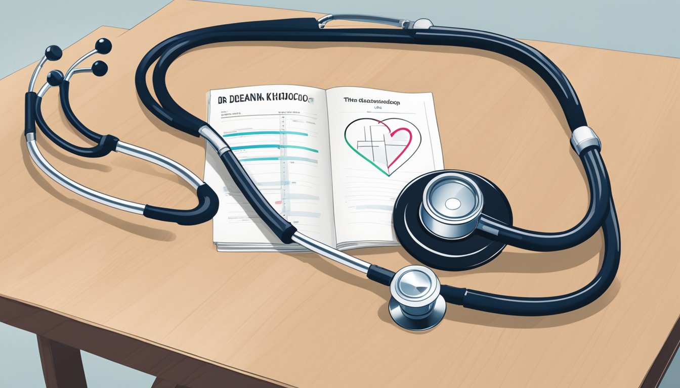 A stethoscope and a heart-shaped diagram on a desk, with a white coat and a nameplate reading "Dr Deanna Khoo - The Heart Practice | SG Cardiologist."