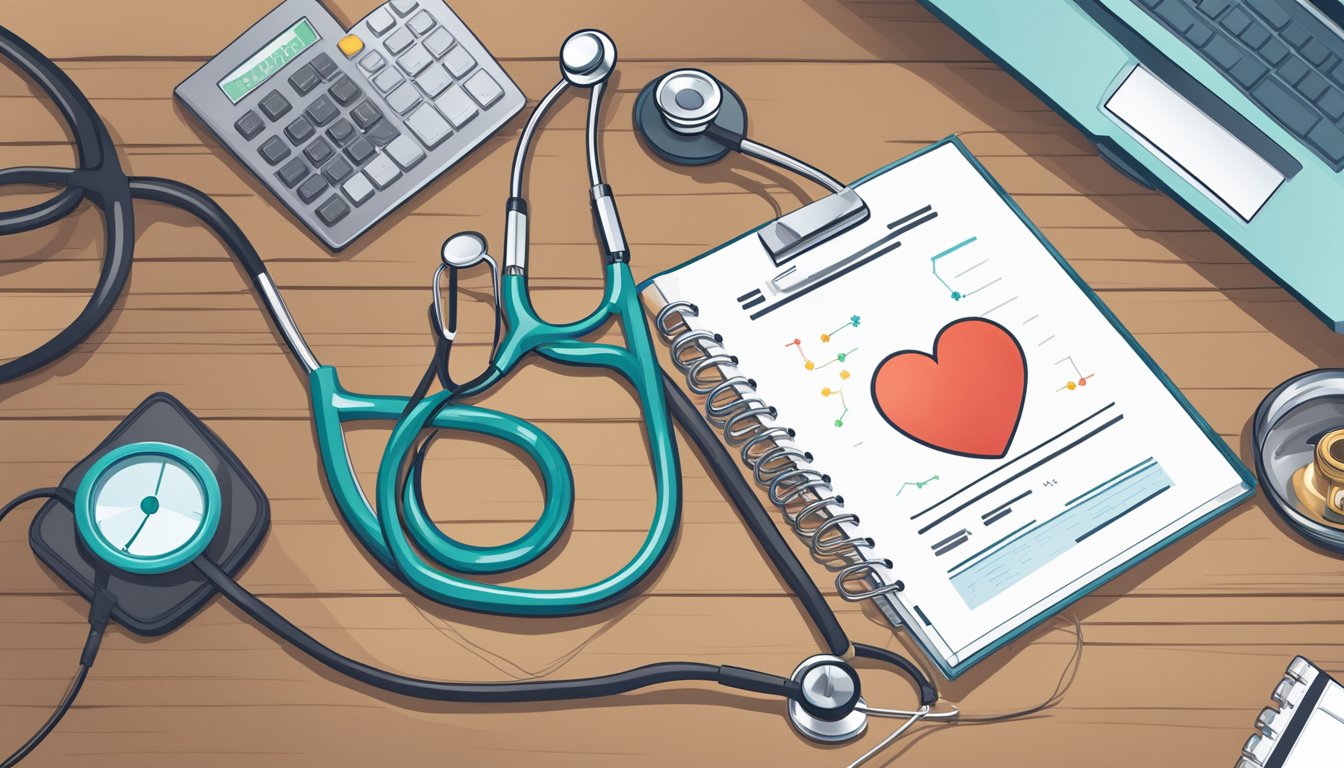 A stethoscope and a heart-shaped diagram on a doctor's desk, with a computer displaying "Scope of Services Dr Deanna Khoo - The Heart Practice | SG Cardiologist"