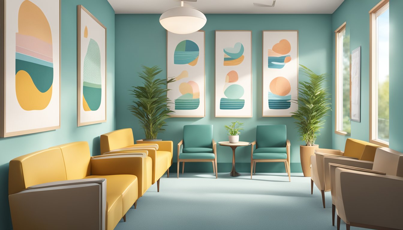 A serene waiting room with modern decor, soothing music, and informative posters on heart health