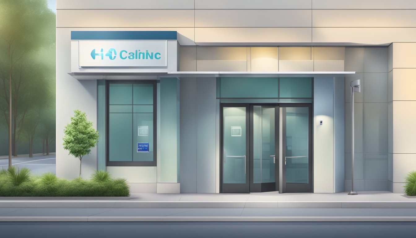 A modern clinic exterior with clear signage, open doors, and a visible clock displaying operating hours