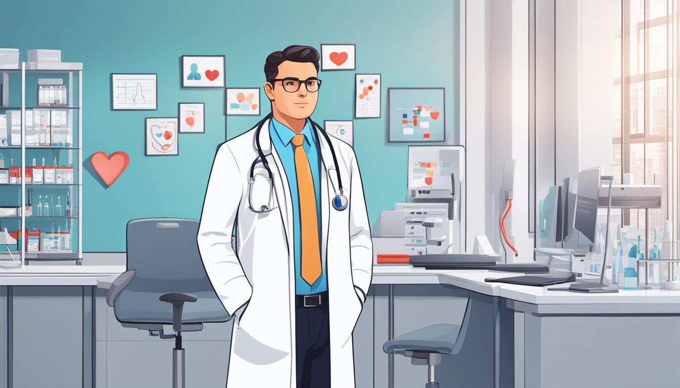 A cardiologist in a white coat stands in a modern clinic, surrounded by medical equipment and heart diagrams