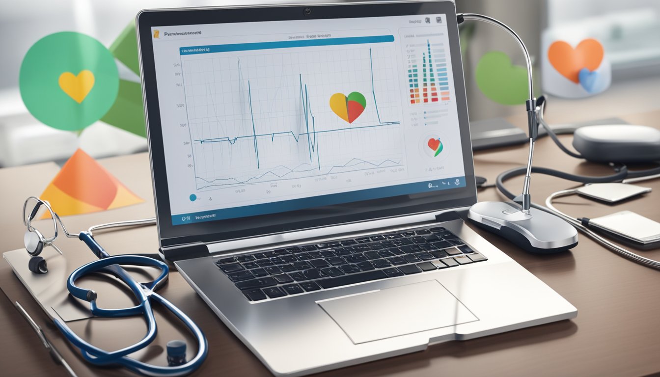 A stethoscope and a heart-shaped diagram on a desk, with a computer showing a heart monitor graph in the background